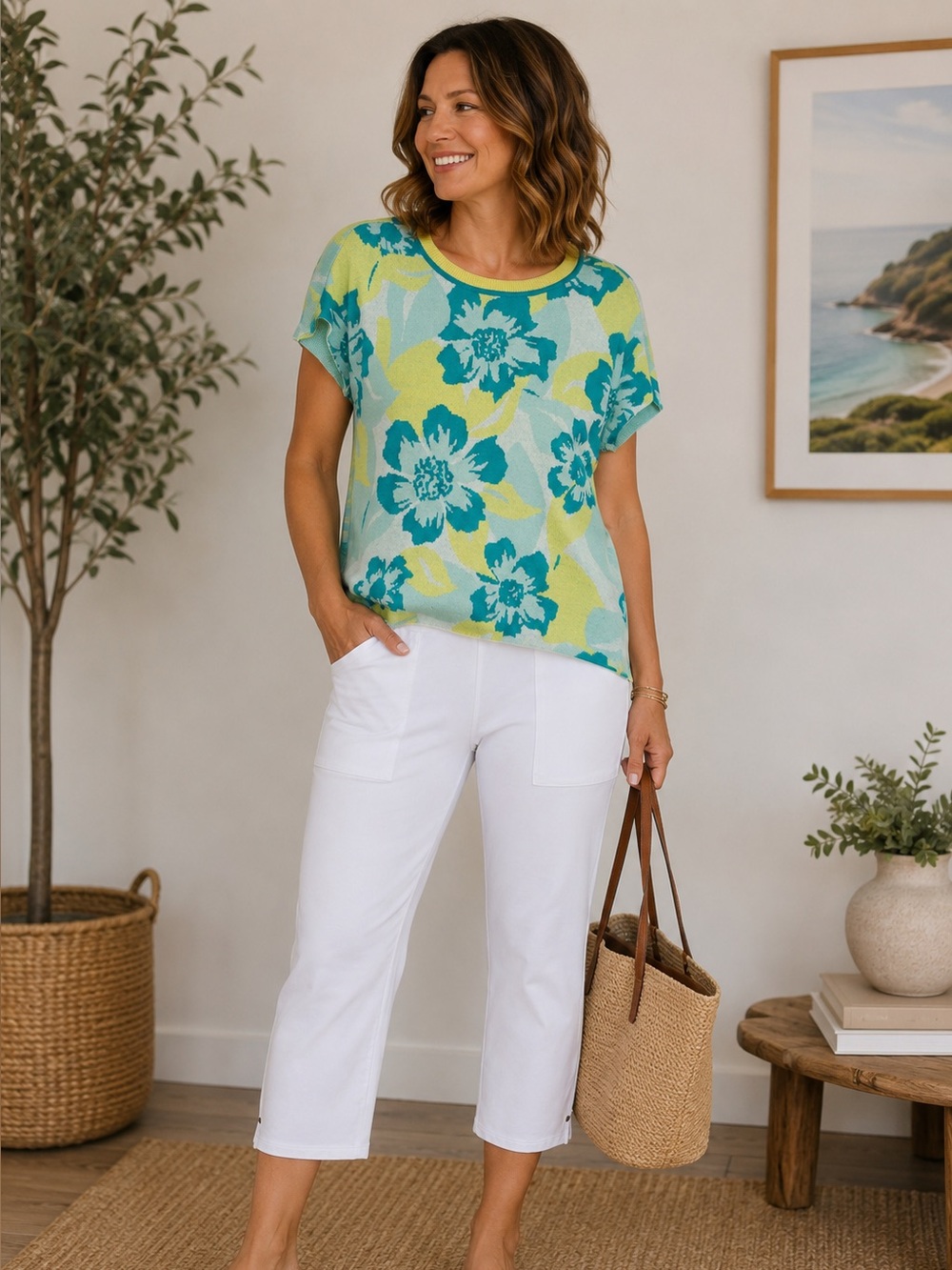Floral Short-Sleeve Knit Top in Aqua paired with capris white pants